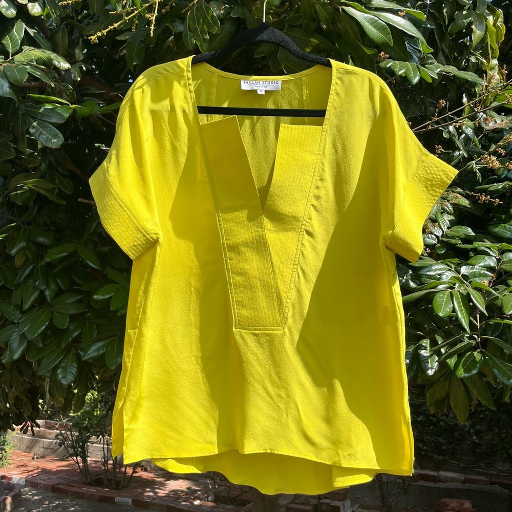 INCLAN STUDIO yellow green silk boxy cropped popover short sleeve shirt blouse